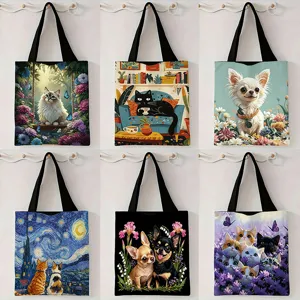 Bolso Tote de Lona de Gran Capacidad para Mujeres Estudiantes Bolsa de Compras Reutilizable Patrón Artístico de Gato Perro Flor