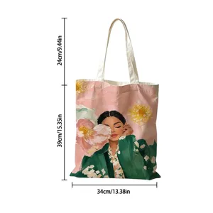 Vista dettagliata delle dimensioni della borsa tote in tela vintage pittura a olio