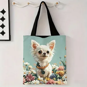 Bolso tote de lona grande con ilustración de chihuahua blanco y patrones florales