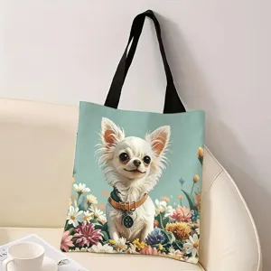 Bolso de lona de gran capacidad con un lindo perro chihuahua e ilustración floral