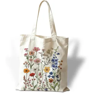 Bolso de lona vintage con pintura al óleo de flores silvestres para compras y estudiantes