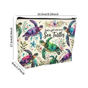 Detailed view of canvas makeup bag with sea turtle print and 23.5cm length.