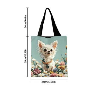 Vista detallada del bolso de lona con estampado floral de Chihuahua y dimensiones
