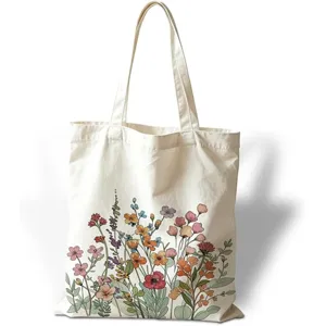 Detalle de estampado floral vintage en bolso de compras de lona blanca minimalista