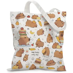 Cute cartoon capybara print canvas tote bag featuring keep happy every day slogan