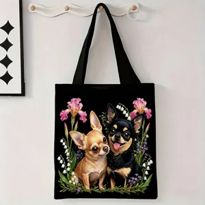 Vista detallada del bolso de lona negra con estampado de perro Chihuahua y flores