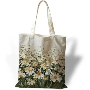 Vista detallada del bolso de lona con estampado de margaritas estilo de pintura al óleo.