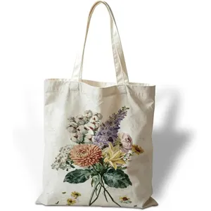 Bolso de lona vintage con estampado floral de pintura al óleo para compras y diario
