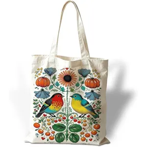Bolso tote de lona estilo pintura al óleo con ilustración de pájaros y flores de colores