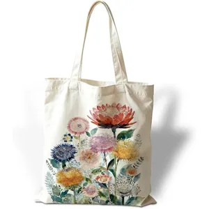 Bolso tote de lona vintage con pintura al óleo floral y gran capacidad para compras