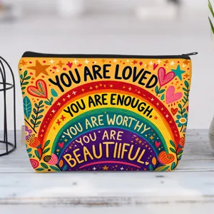 Canvas cosmetic bag with rainbow and 'You Are Loved' motivational quotes