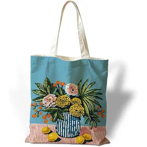 Bolso de lona vintage con estampado artístico de pintura al óleo floral y gran capacidad