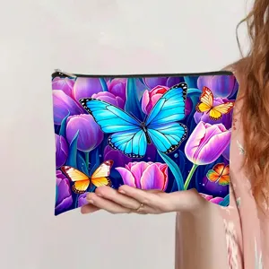 Große Kosmetiktasche aus Polyester mit buntem Schmetterlings- und Blumenmuster