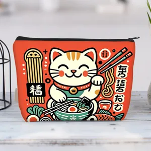 Vibrant canvas makeup pouch featuring a cute Maneki-neko cat eating ramen design