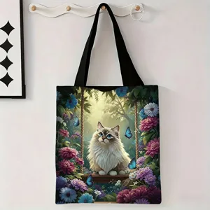 Vista detallada de una bolsa de lona premium con una ilustración artística de un gato.