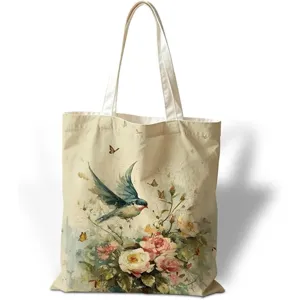 Borsa shopper in tela artistica con stampa di uccelli e rose in stile antico