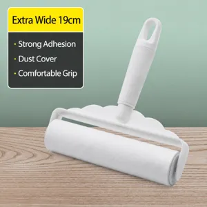 Wide lint roller with dust cover and comfortable handle for efficient pet hair removal.