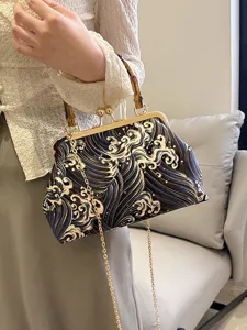 Elegante bolso de noche vintage bordado con olas, asa de bambú y correa de cadena dorada