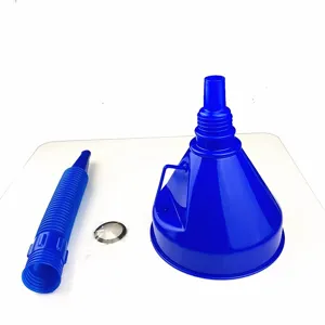 Juego de embudo de plástico azul con manguera flexible y filtro de malla para aceite y líquidos.