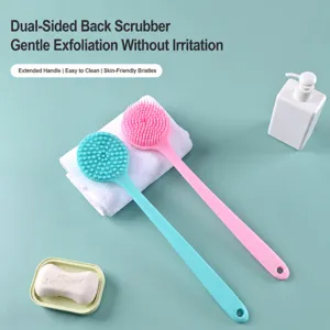 Long handled silicone bath brush dual sided soft bristle body scrubber for easy back cleaning