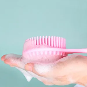 Long handle silicone bath brush with double-sided soft bristles and massage particles for body.