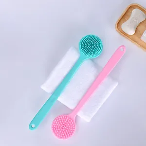 Long-handled silicone bath brush with double-sided soft bristles for gentle body scrubbing.