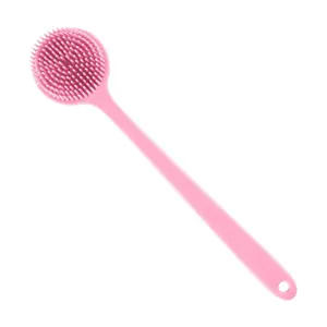 Long handle silicone bath brush soft bristle body scrubber for easy back cleaning pink