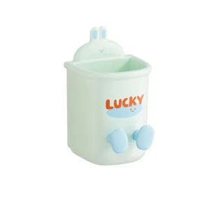 Wall-mounted toothbrush holder cute rabbit design punch-free bathroom storage rack green