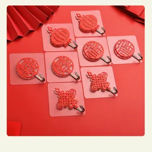 Año Nuevo Chino Ganchos Adhesivos Festivos Plástico Rojo Tradicional Adorno Colgante de Pared Multifuncional Ganchos Organizador de Pared para Casa Cocina Decoración