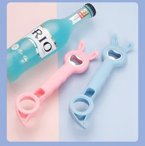 Multifunctional 4-in-1 cute rabbit bottle opener, practical kitchen tool in pink and blue.
