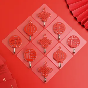 Ganchos adhesivos rojos festivos para el Año Nuevo chino, ganchos de pared decorativos.