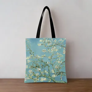 Detailed view of retro canvas tote bag featuring Van Gogh's Almond Blossom oil painting