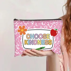 Detailed view of pink canvas pouch featuring 'Choose Kindness' text and cute icons.