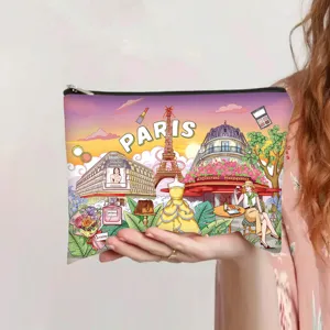 Close-up detail of the vintage Paris oil painting illustration on the cosmetic pouch