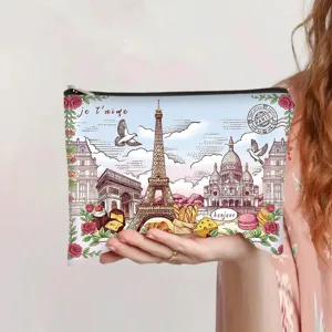 Vintage Paris oil painting print makeup bag featuring Eiffel Tower and floral art