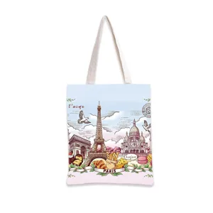 Detalle del estampado vintage de la arquitectura de París en un bolso grande de lona