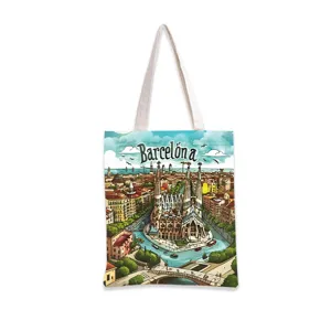 Detalle de la ilustración vintage de la arquitectura de Barcelona en bolsa de lona.