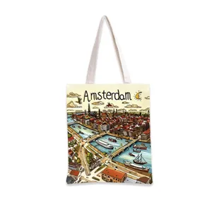 Ilustración detallada de Ámsterdam dibujada a mano en una bolsa de lona blanca premium