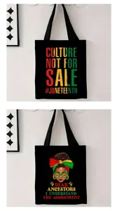 Vista detallada de dos bolsos de lona negros con estampados culturales de Juneteenth