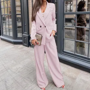 Pink long sleeve casual loose blazer and matching wide leg pants two-piece suit detail