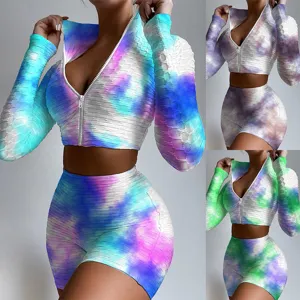 Women Tie Dye Printed Top And Bottom Long Sleeve Zipper Sports Jacket Shorts Casual Activewear Polyester Spandex Athletic Clothing