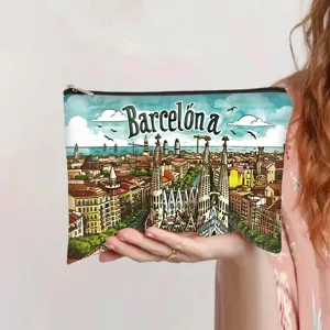 Retro oil painting Barcelona cityscape print cosmetic bag with zipper closure for women