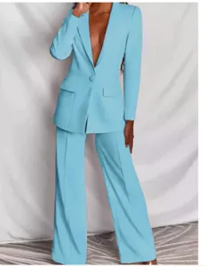 Ensemble de costume élégant pour femme blazer bleu clair à manches longues et pantalon large