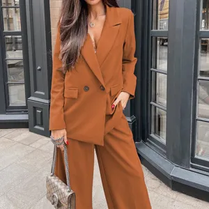 Women long sleeve casual loose blazer and wide leg trousers suit set in rust orange color.