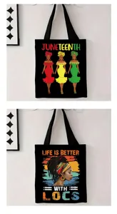 Bolsos de lona negros con estampados gráficos de Juneteenth y Locs