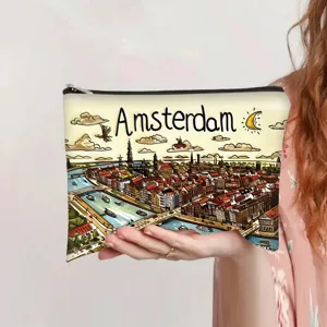 Detail view of multifunctional cosmetic bag featuring a vintage Amsterdam oil painting print