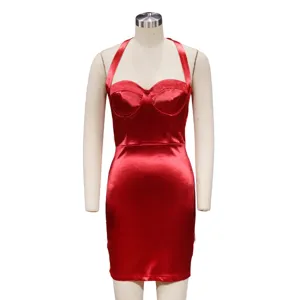 Stunning red satin halter bodycon dress, elegant sleeveless mini dress close-up view.