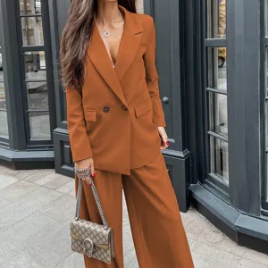 Women casual blazer and wide leg pants two piece suit, stylish autumn winter outfit.