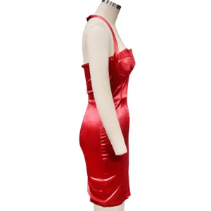 Red satin halter bodycon dress detail view, sleeveless slim fit party clubwear side profile.