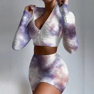 Tie-dye workout two-piece set long sleeve zip crop top and high waist shorts activewear